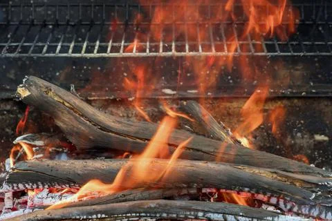 Preparation fire to BBQ in flame of fire from burning charcoal log an bonfire Stock-Fotos