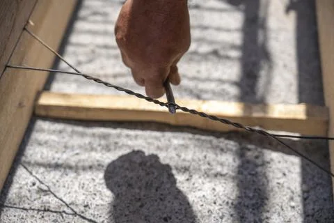 Preparation of foundation formwork for pouring rubble concrete  Stock Photos