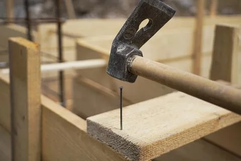 Preparation of foundation formwork for pouring rubble concrete Stock Photos