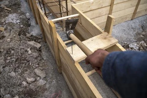 Preparation of foundation formwork for pouring rubble concrete Stock Photos