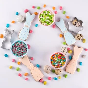 Preparation of gingerbread easter cookies. Cookie cutters, cookies Stock Photos