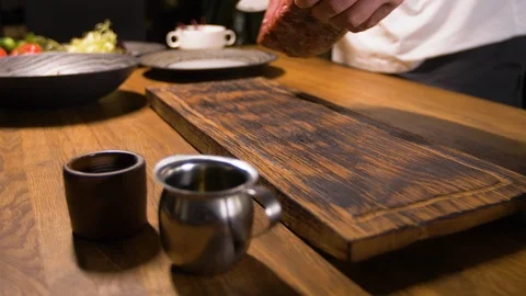Preparation of ingredients by a professional chef for TOPAS. The thinnest Stock Footage 88877448