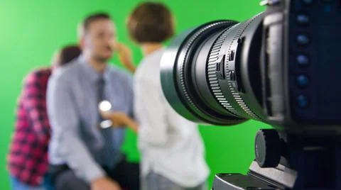 Preparation for the interview in tv studio. Focus on camera. Fotos de archivo