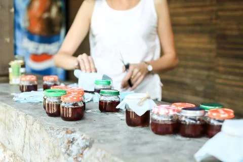 Preparation of jars of jam Stock Photos