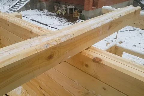 Preparation of logs for the assembly of structure. Materials for Stock Photos