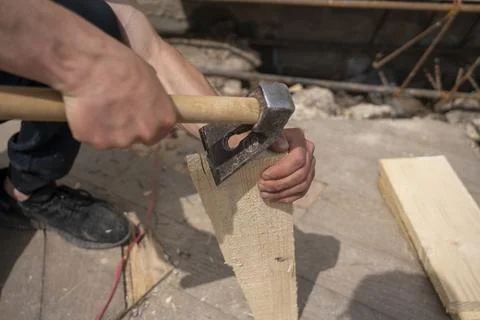 Preparation of material for foundation formwork  Stock Photos