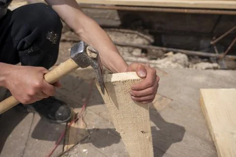 Preparation of material for foundation formwork  Stock Photos