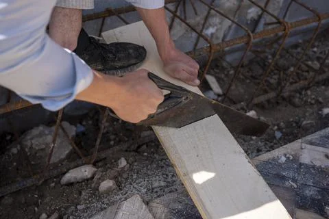 Preparation of material for foundation formwork  Stock Photos