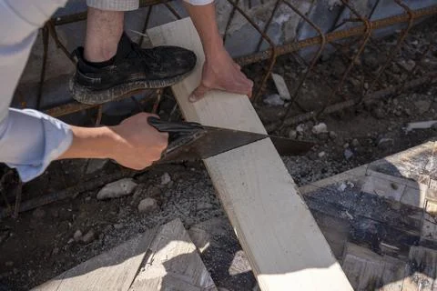 Preparation of material for foundation formwork  Stock Photos