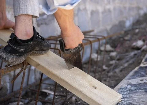 Preparation of material for foundation formwork  Stock Photos