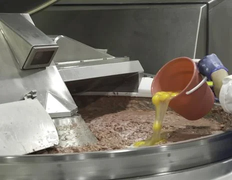 Preparation of minced meat at meat processing plant. Raw materials for saus.. Stock Photos