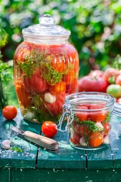 Preparation for pickled tomatoes in the jar Stock Photos