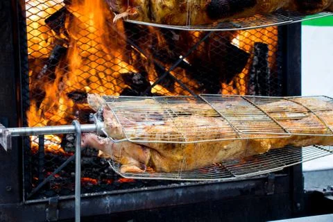 Preparation of piglets on a  grill. Stock Photos