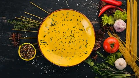 Preparation for preparing paste on a wooden table. Top view. Free space for y Stock Photos