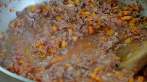 Preparation process of a tomato sauce with meat, carrots and vegetables, lasagna Stock Footage 309056318