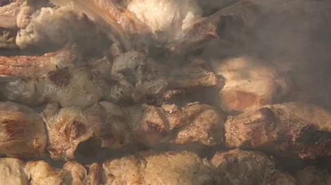 Preparation of roasted meat on the fire for a picnic. Stock-Footage 65788627