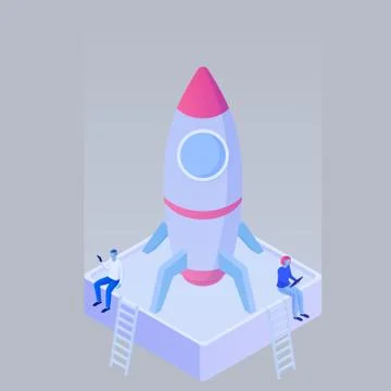 Preparation rocket for takeoff startup isometric. Couple with laptop smartphone Stock Illustration