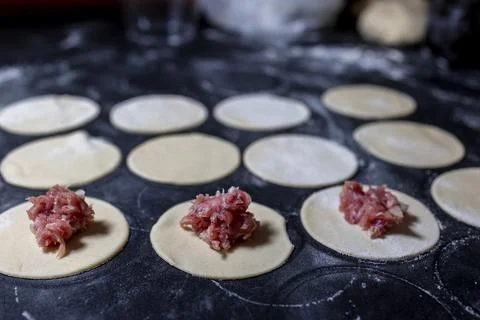 Preparation of a round shape from dough, a blank for dumplings. Stock Photos