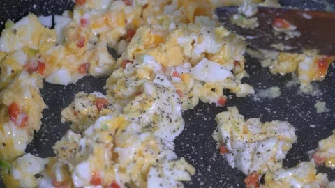 Preparation of scrambled eggs in a pan Stock-Footage 87999775