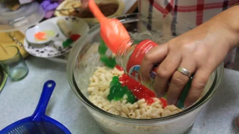 Preparation for serving fresh mix with milk macaroni Stock Footage 224945211