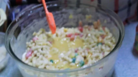 Preparation for serving fresh mix with milk macaroni Stock Footage 224945404