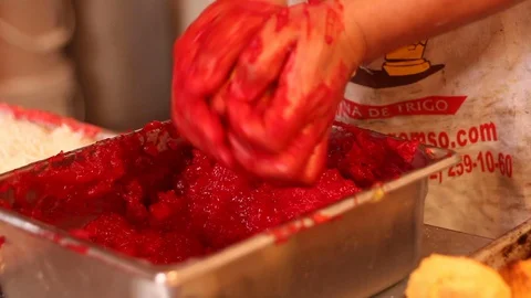 Preparation of strawberry and coconut bread called yoyo - CloseUp Stock Footage 130085542