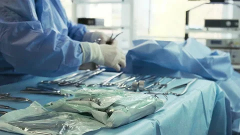 Preparation for the surgery. Surgery tools. Multiple surgery tools on the table Stock-Footage 236758570