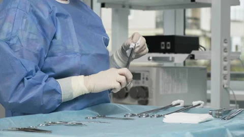 Preparation for the surgery. Surgery tools. Multiple surgery tools on the table Stock Footage 236758612