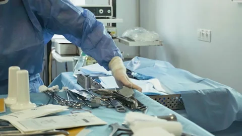 Preparation for the surgery. Surgery tools. Multiple surgery tools on the table Stock Footage 236759381
