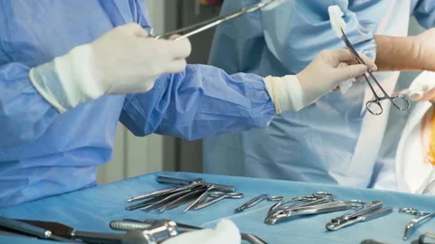 Preparation for the surgery. Surgery tools. Multiple surgery tools on the table Stock-Footage 236759637