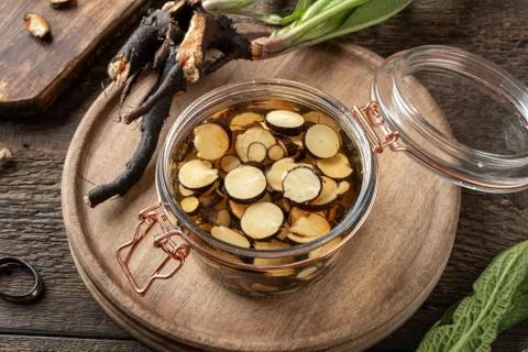 Preparation of tincture from fresh comfrey root in a jar Stock Photos