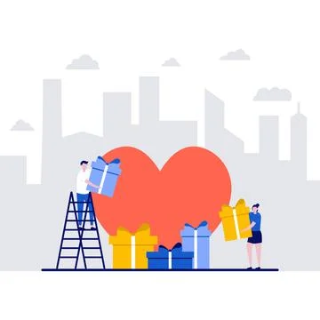 Preparation for Valentine's Day concept with tiny character. People with bi.. Stock Illustration