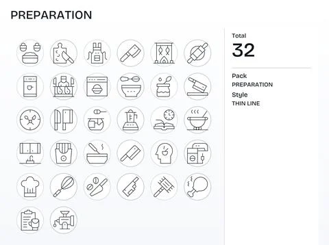 Preparation Vector Icon Toolkit featuring 32 Editable High Resolution Thin .. Stock Illustration