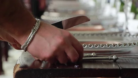 Preparation wedding festive table Stock Footage 70588461