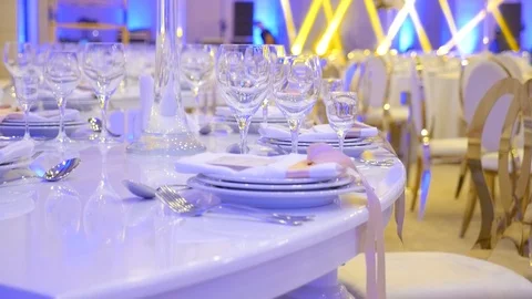 Preparation of the wedding hall bride table glass plate fork spoon Stock Footage 103853735