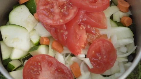 Preparation of zucchini with vegetables close up Video stock 80238662
