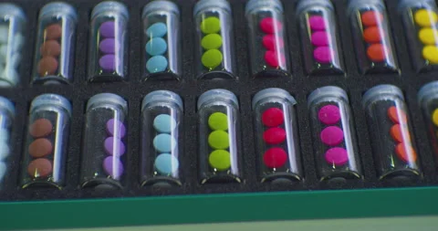 Preparations of different colors, packaged in identical transparent bottles 스톡 동영상 222104186