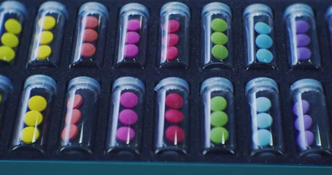 Preparations of different colors, packaged in identical transparent bottle 스톡 동영상 225258634