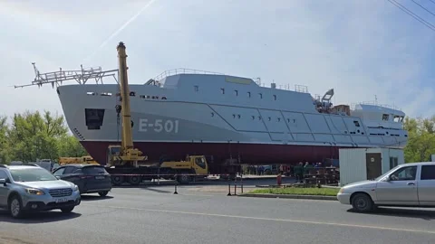 Preparations for the launch of the large vessel "Dinmukhamed Kunayev" in Uralsk. Stock Footage 333771860