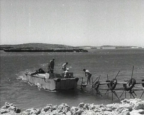 Preparations at Monte Bello Islands atomic bomb testing grounds, Australia 1952 Stock Footage 133370065