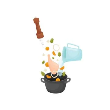 Prepare chicken soup with vegetables in a saucepan. Vector illustration. Ilustração Stock