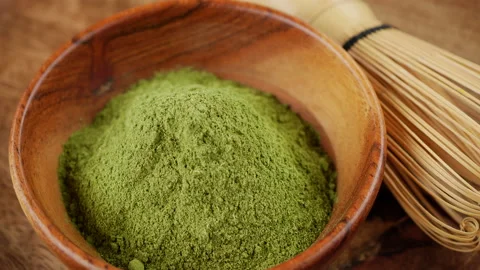 Prepare cooking Matcha tea. Matcha green powder and whisk for cooking matcha tea Stock Footage 222378342