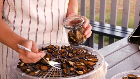Prepare dried plums in jars. Selective focus. Stock Footage 275156821