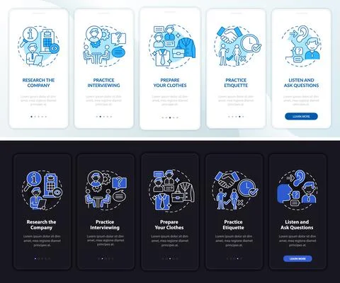 Prepare for interview dark, light onboarding mobile app page screen Stock Illustration