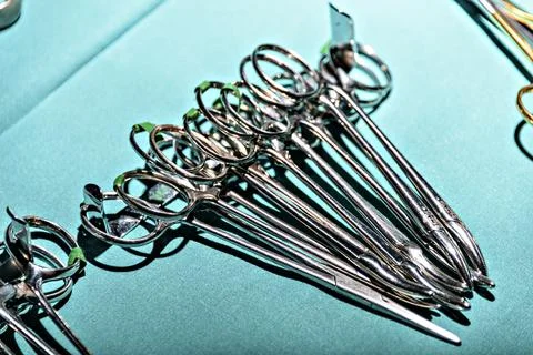 Prepare for surgical instruments during operation,scissors, forceps and scalp Stock Photos