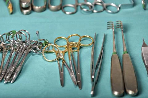 Prepare for surgical instruments during operation,scissors, forceps and scalp Stock Photos