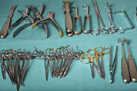 Prepare for surgical instruments during operation,scissors, forceps and scalp Stock Photos