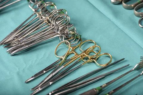 Prepare for surgical instruments during operation,scissors, forceps and scalp Stock Photos