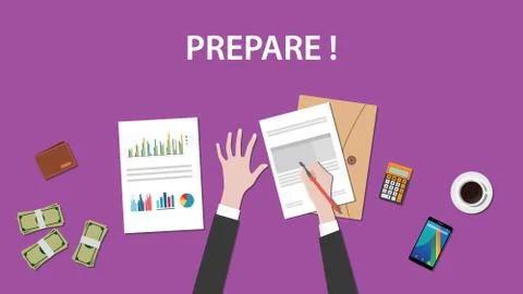 Prepare white text illustration with a man writing on paperworks and money Illustrazione stock