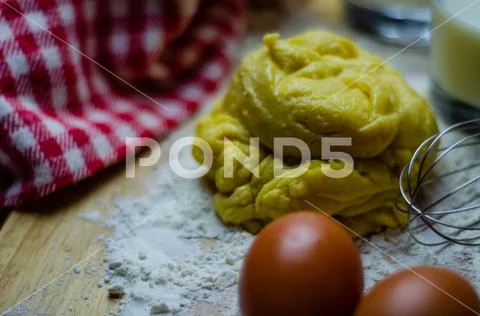 Prepared dough and ingredients for the shortcrust pastry before putting in th Stock Photos